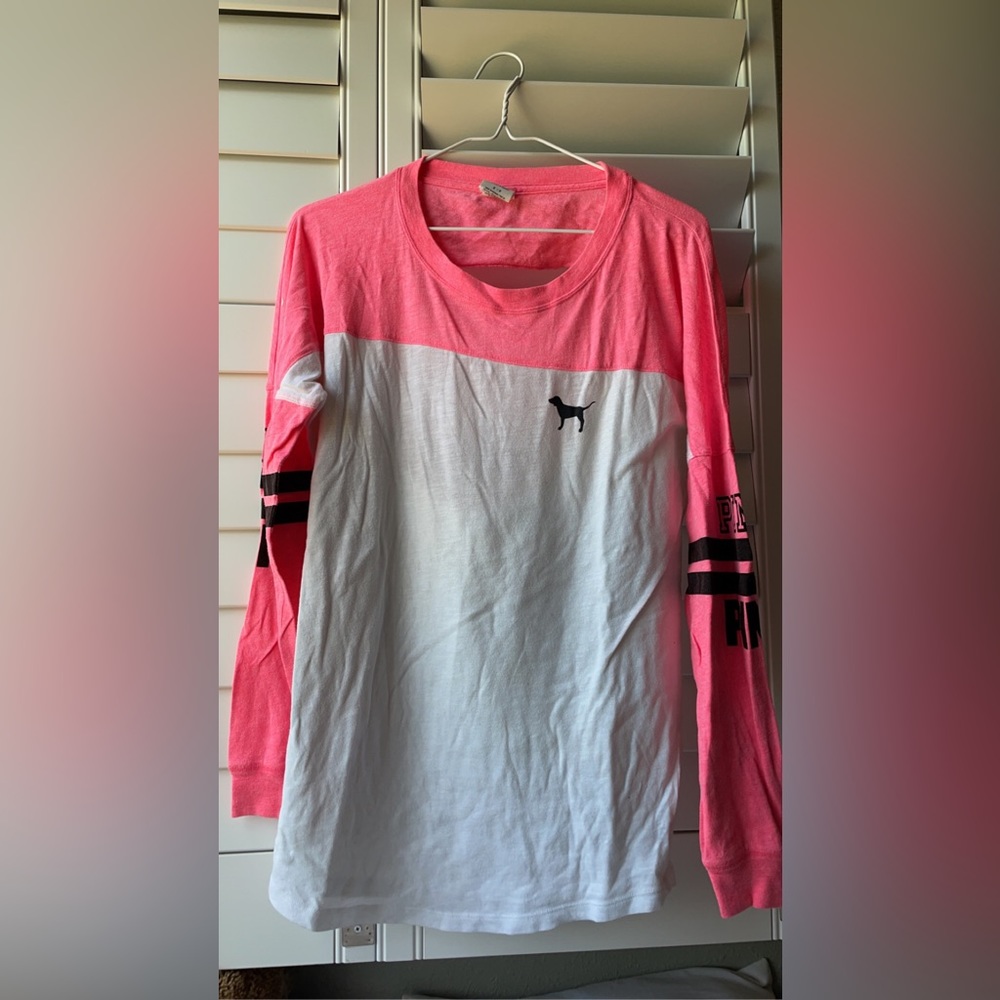 women’s small PINK VICTORIAS SECRET long sleeve pink and white cutout back shirt